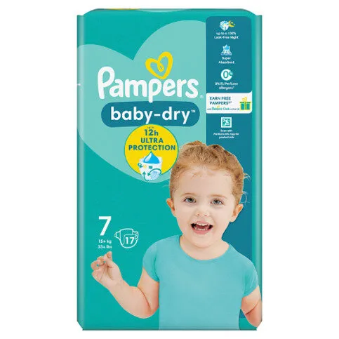 Pampers Baby-Dry Size 7, 17 Nappies, 15kg+, Carry Pack