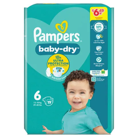 Pampers Baby-Dry Size 6, 19 Nappies, 13kg-18kg, Carry Pack
