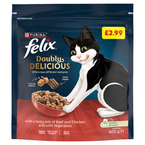 FELIX Doubly Delicious Beef, Chicken & Veg Dry Cat Food 600g PMP