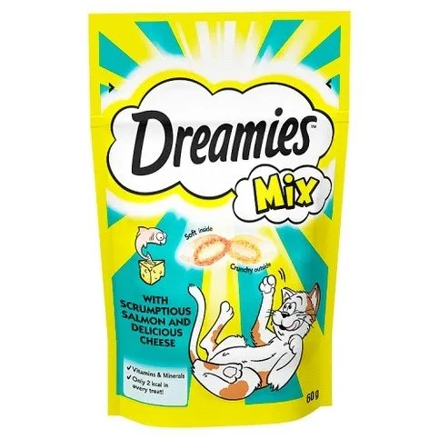 Dreamies Mix Adult Cat Treats with Scrumptious Salmon and Delicious Cheese 60g