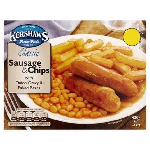 Kershaws Classic Sausage & Chips With Onion Gravy & Baked Beans 400g