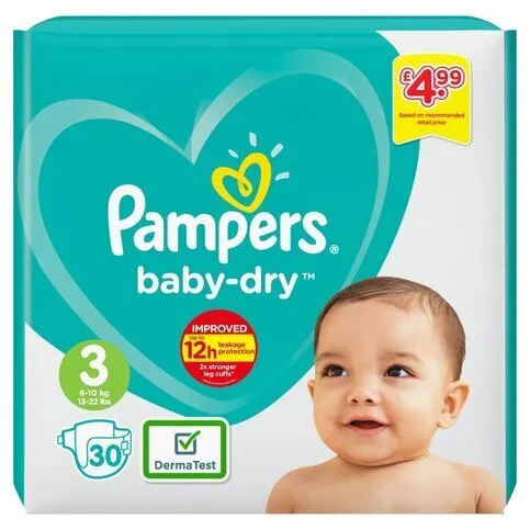Pampers Baby-Dry Size 3, 30 Nappies, 6kg-10kg, Carry Pack