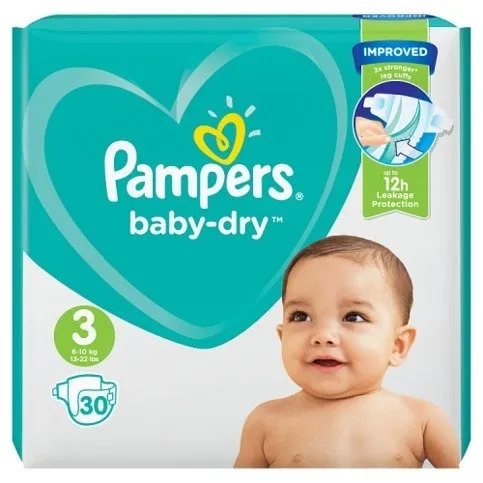 Pampers Baby-Dry Size 3, 30 Nappies, 6kg-10kg, Carry Pack