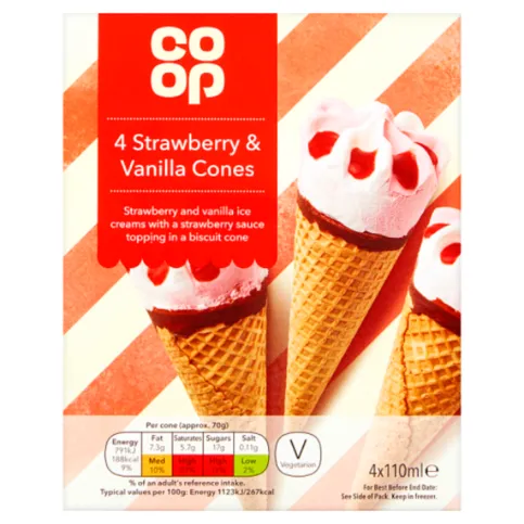 Co Op Strawberry & Vanilla Cones 4 x 110ml